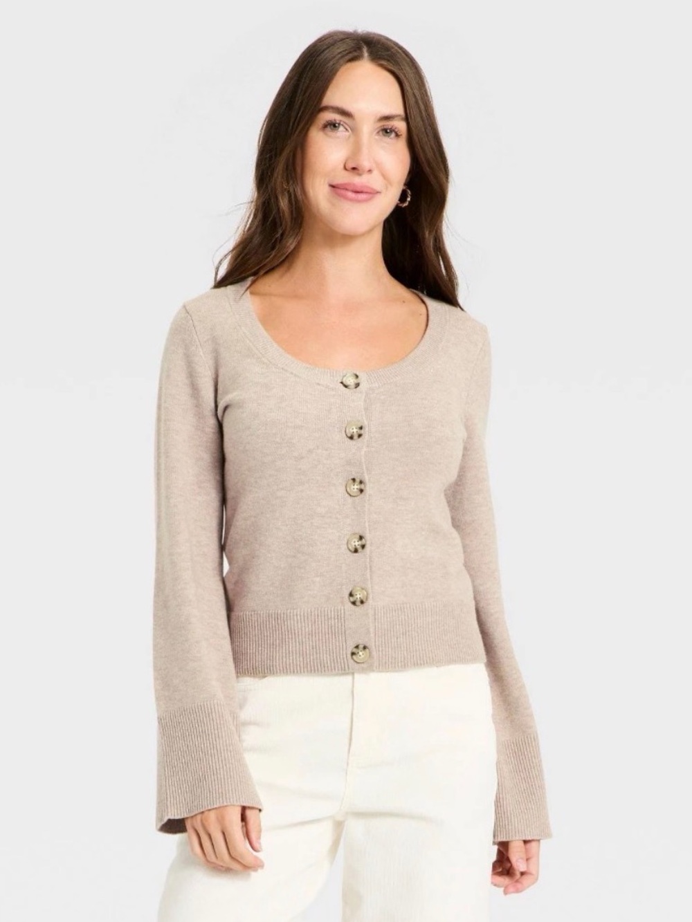 Women's Button-Down Scoop Neck Cardigan Sweater - Universal Thread™ Taupe L